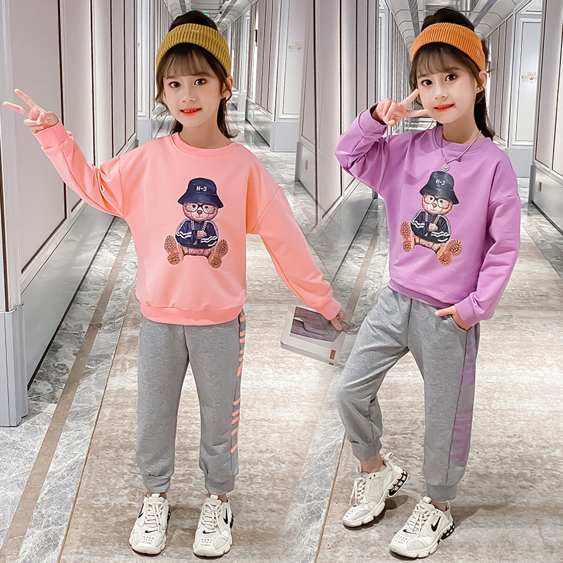 女童2025春款卡通眼镜熊套装特价清仓中大童棉休闲圆领套头运动装