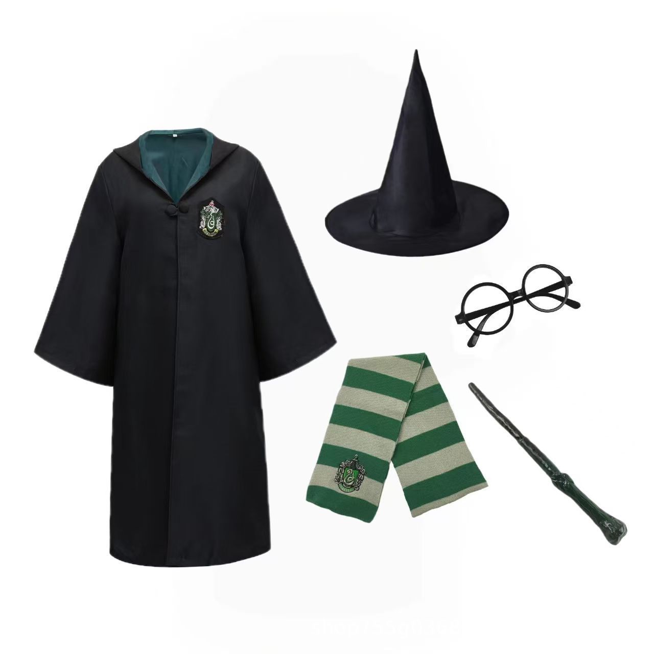 Плащ Слизерина + шляпа + очки + пластиковая волшебная палочка + шарф