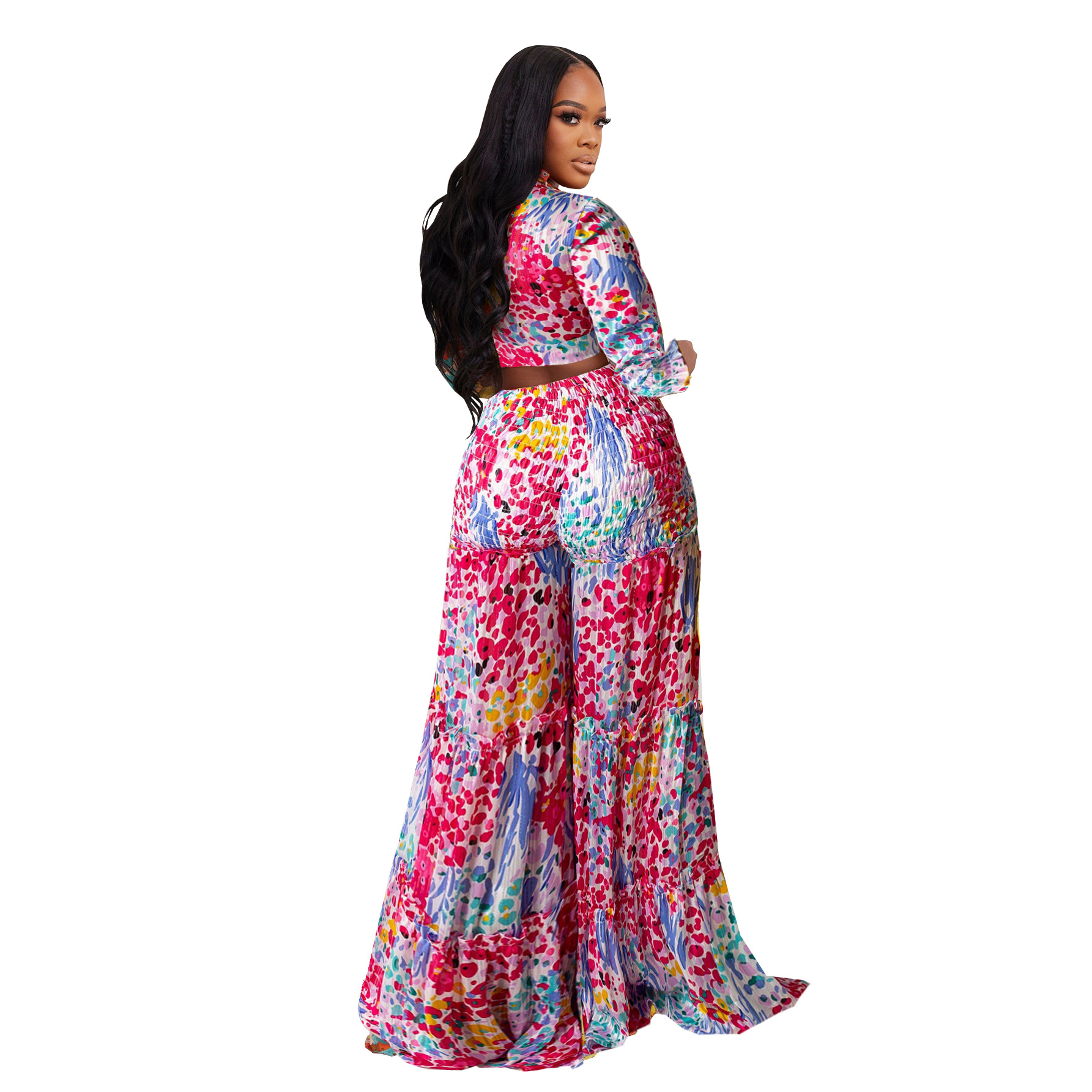 Women's Clothing fashion contrast color printed chiffon long sleeved lace up flared pants two piece suit _voghion.com