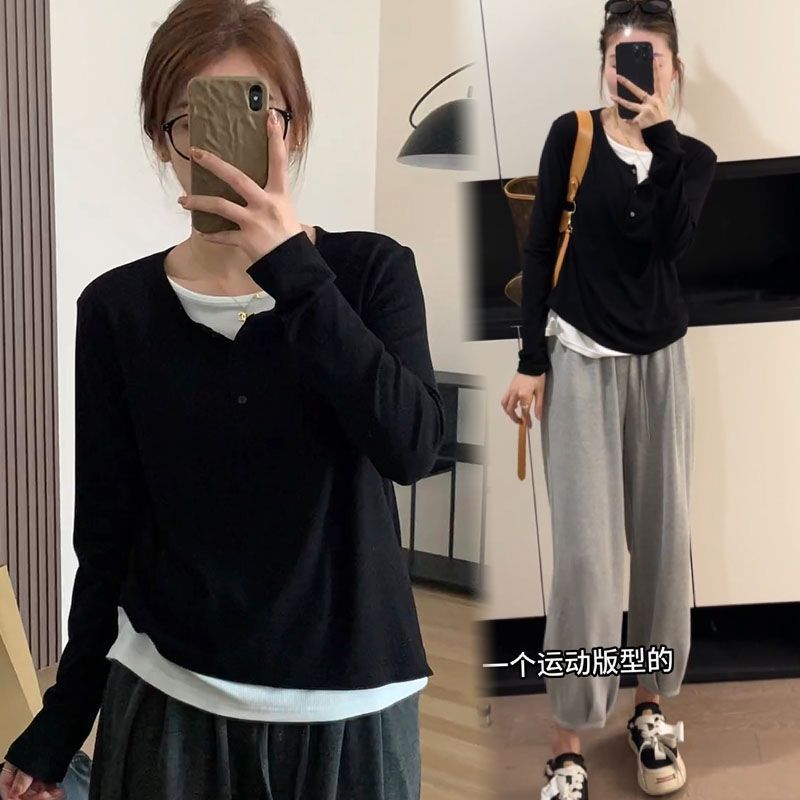 Black Fake Two-Piece V-Neck Inner Layering Shirt for Women in Spring and Autum Long-Sleeved Versatile Casual Tops That Cover the Flesh and Look Slimming Look Wholesale