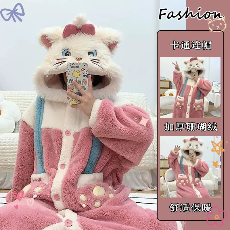 Халат-пижама с капюшоном из коралловой бархатистости (Mary Cat), плюшевый теплый халат, S–XL