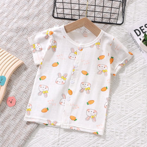Children's Summer Short Sleeve Open Front Top for Boys and Girls, Thin T-shirt for Infants and Toddlers, Air-conditioned Room Single Sleepwear for 1-5 Years Old