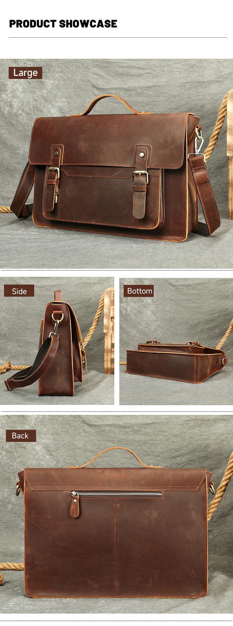 Túi da thật satchel nam phong cách retro, đựng tài liệu dung tích lớn, vừa laptop 15 inch — Cà phê (cỡ nhỏ) chi tiết 3