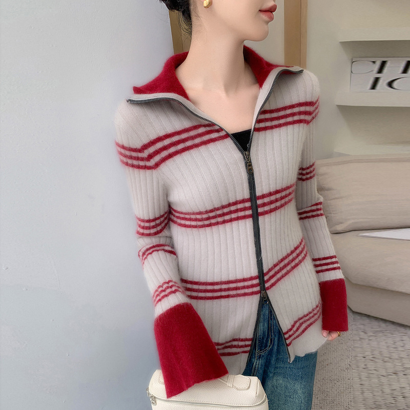 High Lapel Cashmere Knitted Cardigan Women's Stripesd Slim Sweater Outer Wear Slimming Look Top Cashmere Bottoming Zipper Jacket