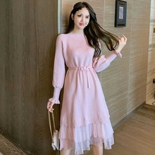 针织连衣裙女装秋冬新中长款网纱收腰显瘦气质半高领打底毛衣裙子