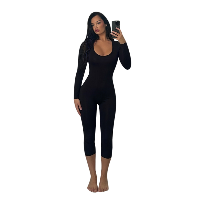 ST26020PFO Europa y los Estados Unidos cuello U camiseta de mangas largas para mujeres delgadas pantalones de espalda abierta en forma de camiseta de fitness