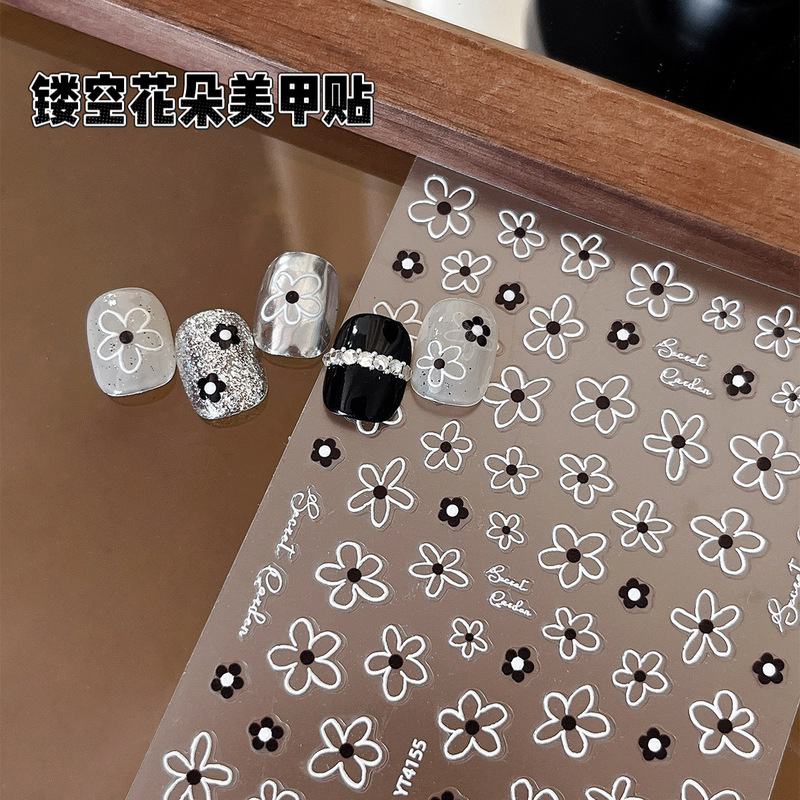 Simple Flower Nail Art Stickers, Hollow Black and White Small Flower Nail Stickers, Wearable Nails, Three-Dimensional Relief, High-End Nail Stickers Simple Flower Nail Art Stickers, Hollow Black and White Small Flower Nail Stickers, Wearable Nails, Three-Dimensional Relief, High-End Nail Stickers