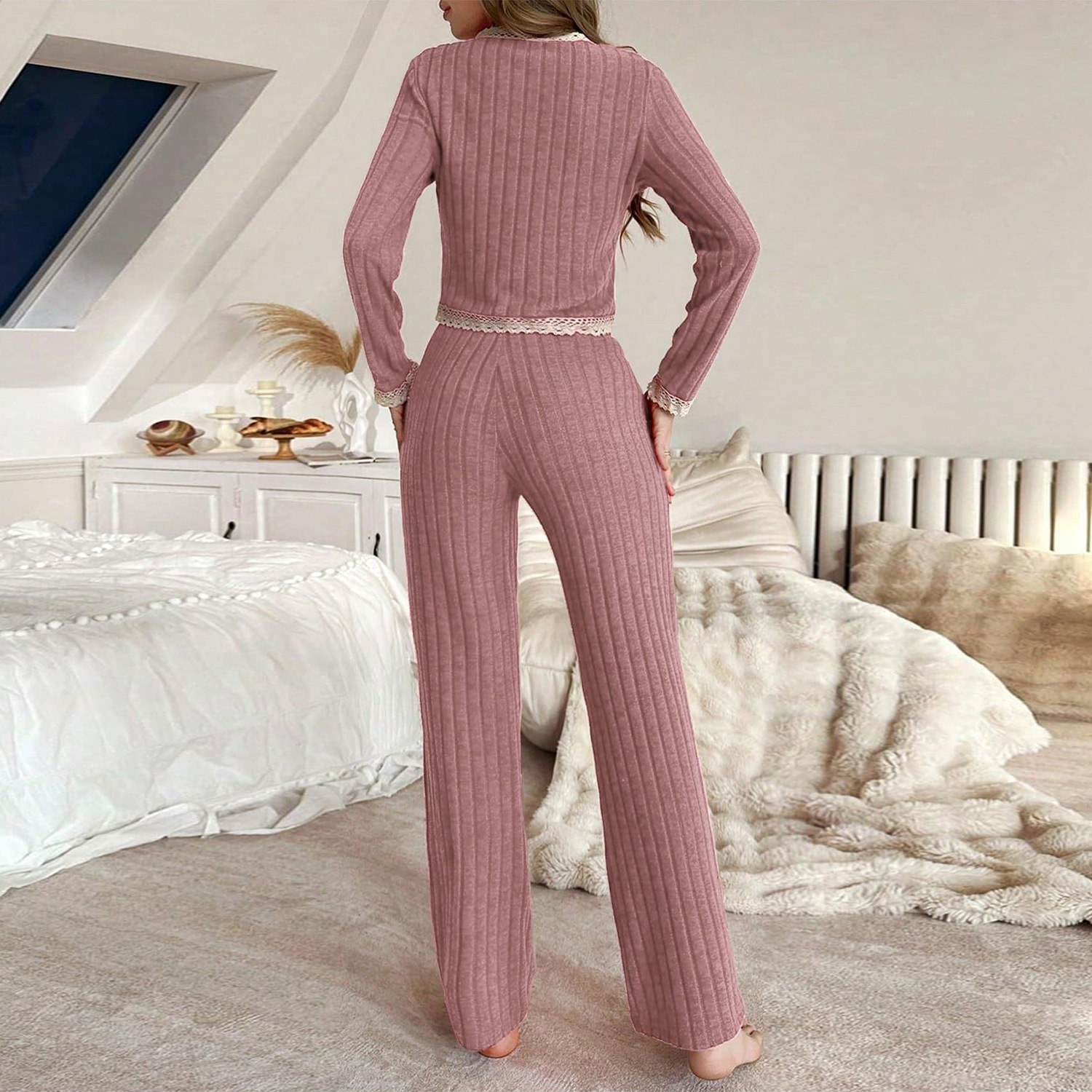 Women's Cropped Pajamas - Lace Trim Top & Pants Set, Stylish Home Wear_voghion.com