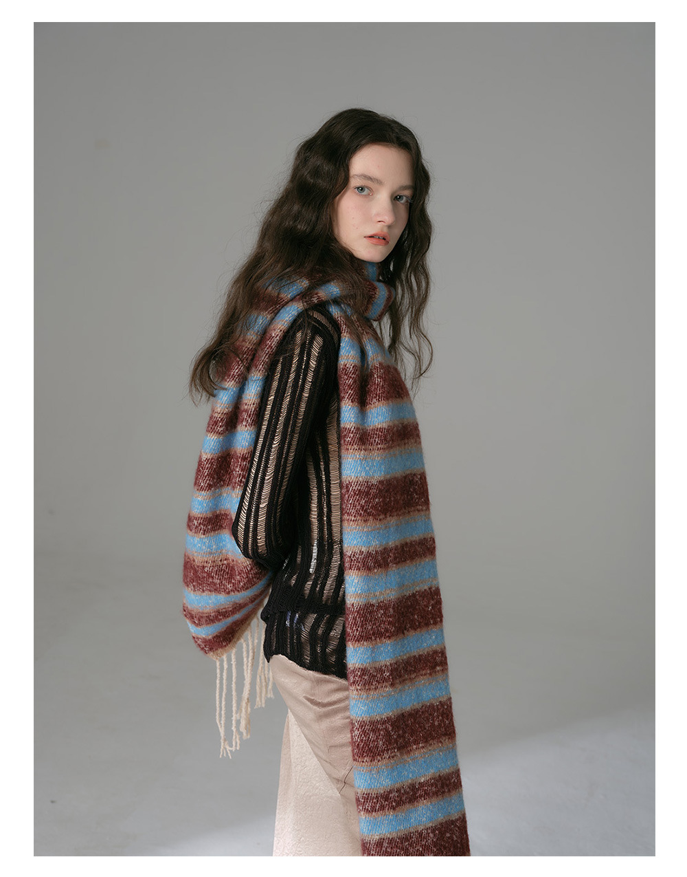 Bunter Gestreifter Fransenschal Für Damen Warmer Winterschal_voghion.com