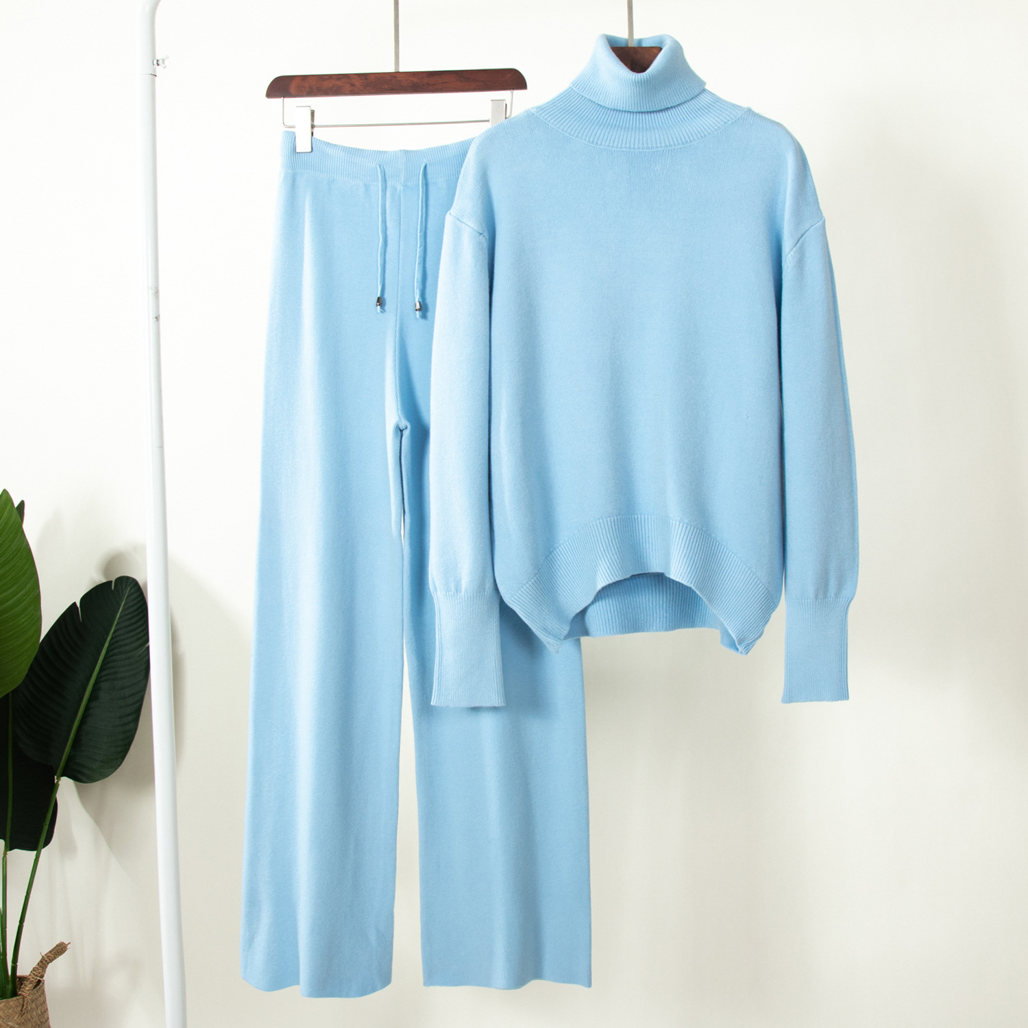 Damenbekleidung, einfarbiger Rollkragenpullover + Hose mit weitem Bein, gestrickter zweiteiliger Winteranzug mit lockerem Pullover_voghion.com