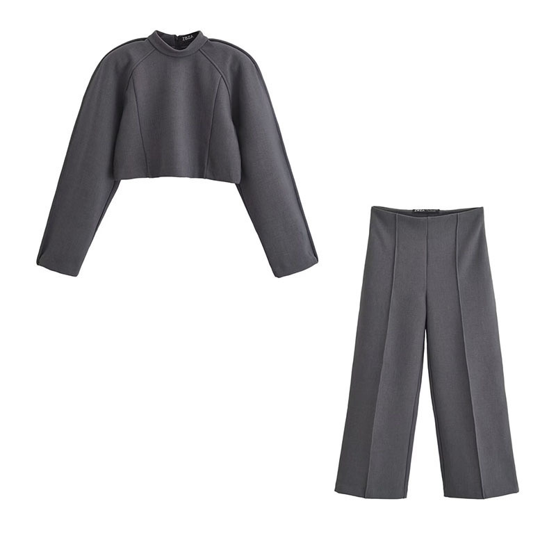 European and American cross-border women's clothing wholesale women's semi-high collar fluffy long sleeve top high waist trousers casual suit