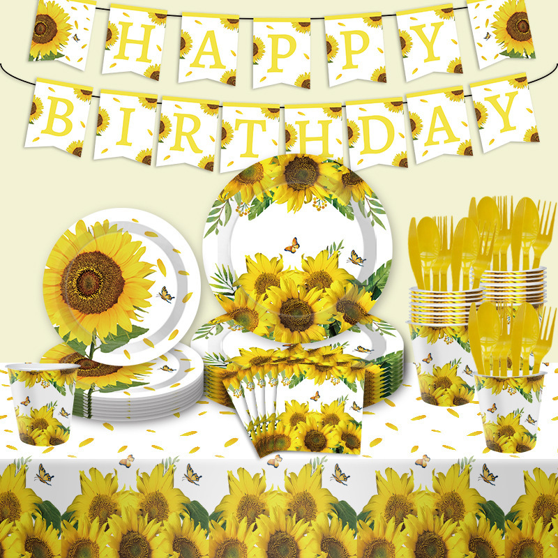 New Sunflower Party Tableware Set Small Fresh Paper Plate Paper Towel Paper Cup Birthday Party Supplies Tableware Set