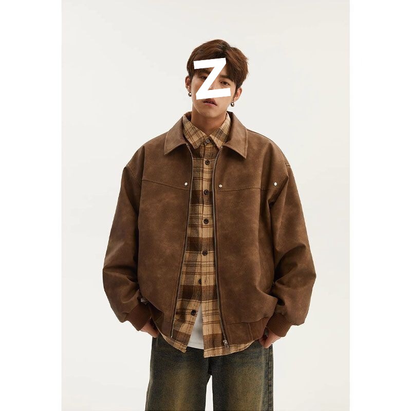 American-Style Cool Short Jacket for Men, New Spring and Autumn Vintage Lapel Motorcycle Coat, Trendy Men's Clothing in Brown American-Style Cool Short Jacket for Men, New Spring and Autumn Vintage Lapel Motorcycle Coat, Trendy Men's Clothing in Brown