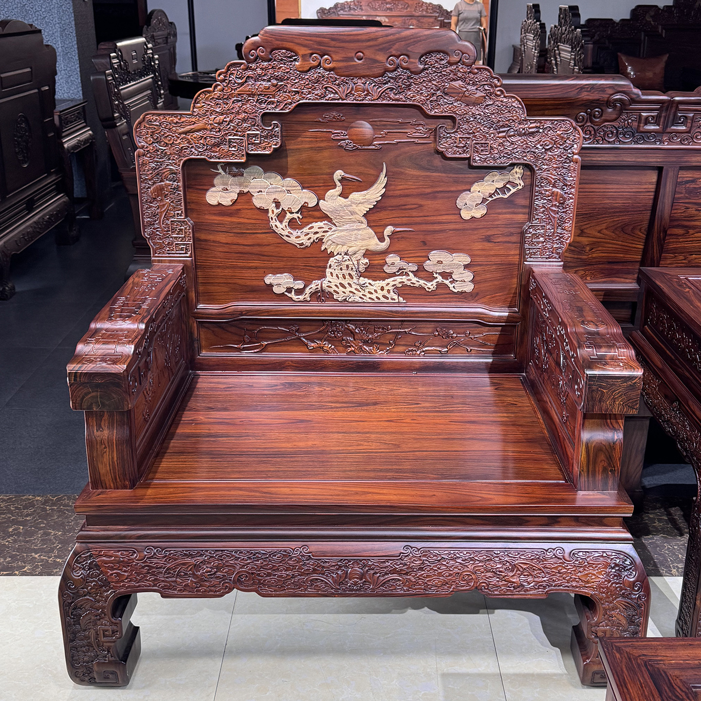 Broad-Leaf Rosewood Sofa, Mahogany Furniture, Indonesian Black Rosewood Pine Crane Throne, Color-Separated Sandalwood Carving Villa Self-Built House Sofa