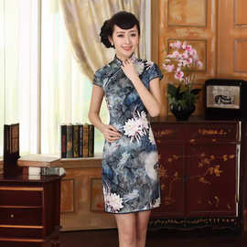 荷塘月色新款老上海复古高档真丝短袖短款修身双层旗袍 Z0004