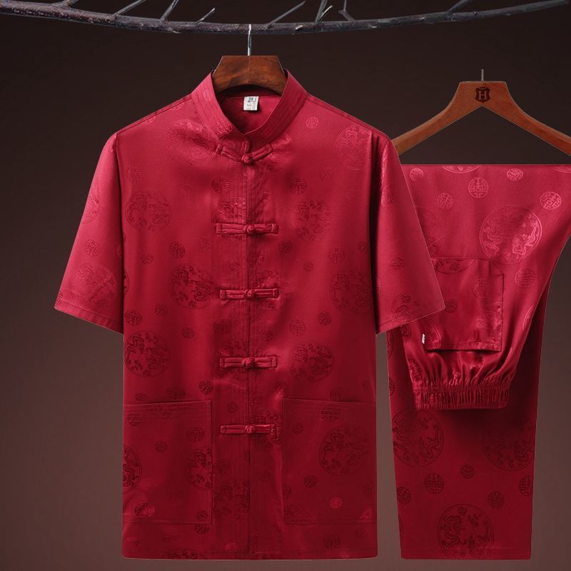 Ice Silk Tang Suit Men's Middle-aged and Elderly Short-sleeved Silk Chinese Style Dad Casual plus size Summer Grandpa's Hanfu