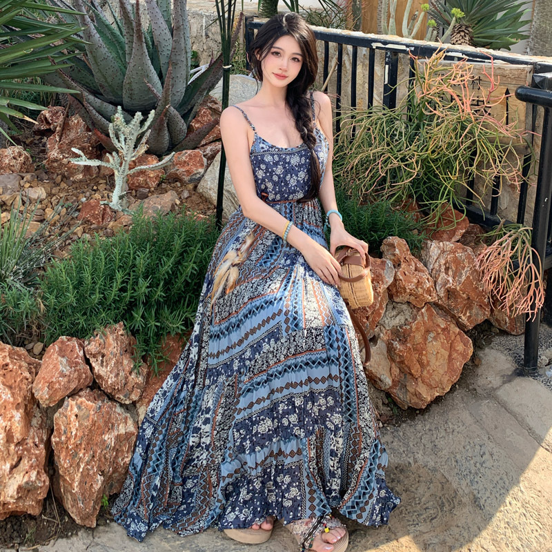 Bohemian Slim-Fit Loose Suspender Dress for Women 2026 Ethnic Style Lazy Design Beach Long Dress