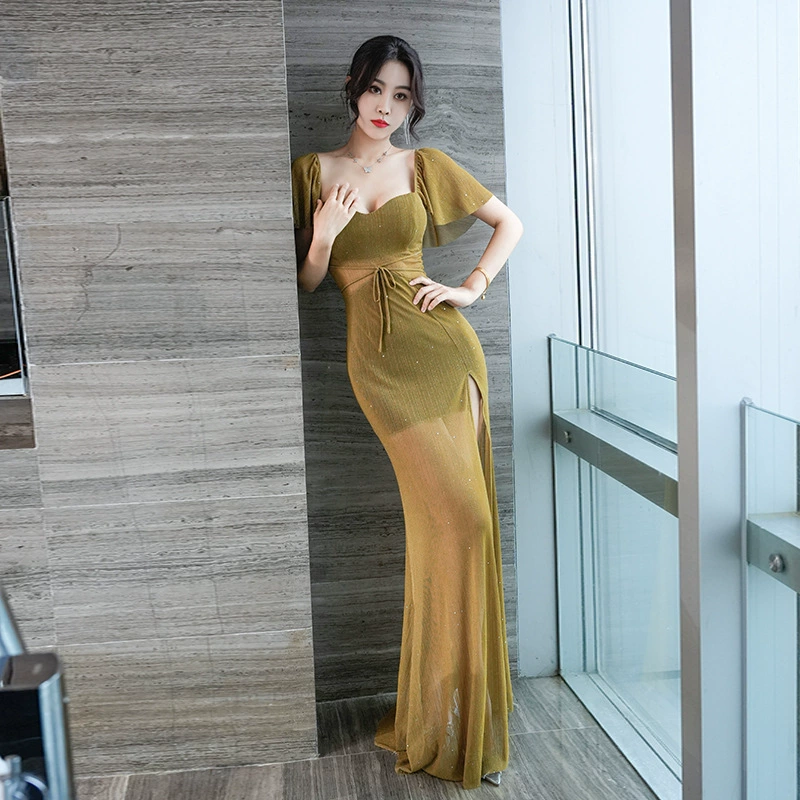 Осень и зима новый сексуальный рюшами рукав длинное платье приталенный подходят для похудения Высокий разрез ночной клуб оболочка платье