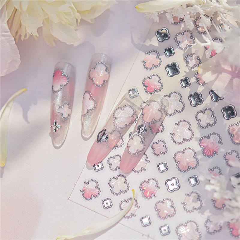 Gold-Stamped Pink Four-Leaf Clover Nail Stickers Embossed 2026 New 3D Stereo Ins-Style High-End Nail Decoration Stickers