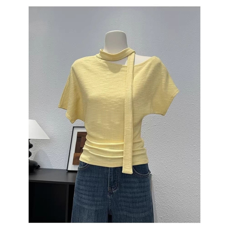 American-Style Design Asymmetrical Neckline Tie Short-Sleeve T-Shirt for Women 2026 Summer New Off-Shoulder Waist-Cinching Versatile Slim-Fit Top American-Style Design Asymmetrical Neckline Tie Short-Sleeve T-Shirt for Women 2026 Summer New Off-Shoulder Waist-Cinching Versatile Slim-Fit Top
