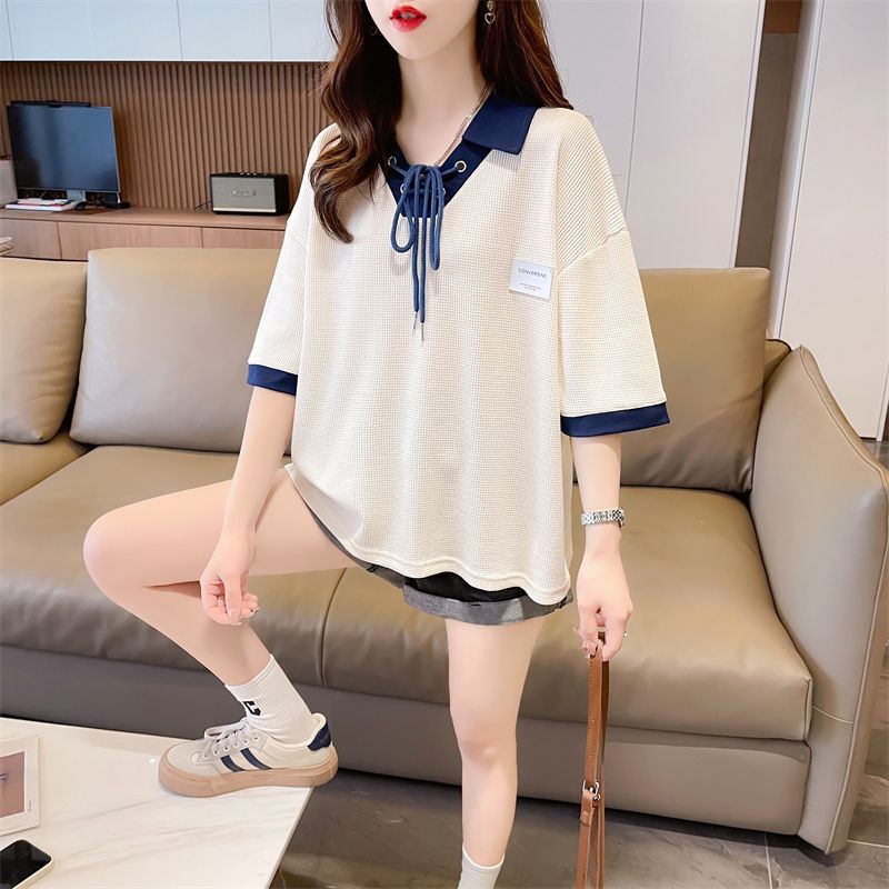 Polo Collar Waffled Short-sleeved T-shirt Women's Summer 2025 New Loose Korean Style Trendy Design Top for Small Men