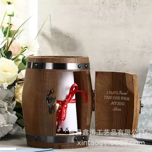 跨境木质酒桶装饰箱桌面收纳摆件创意木制工艺品开盖式酒桶收纳盒