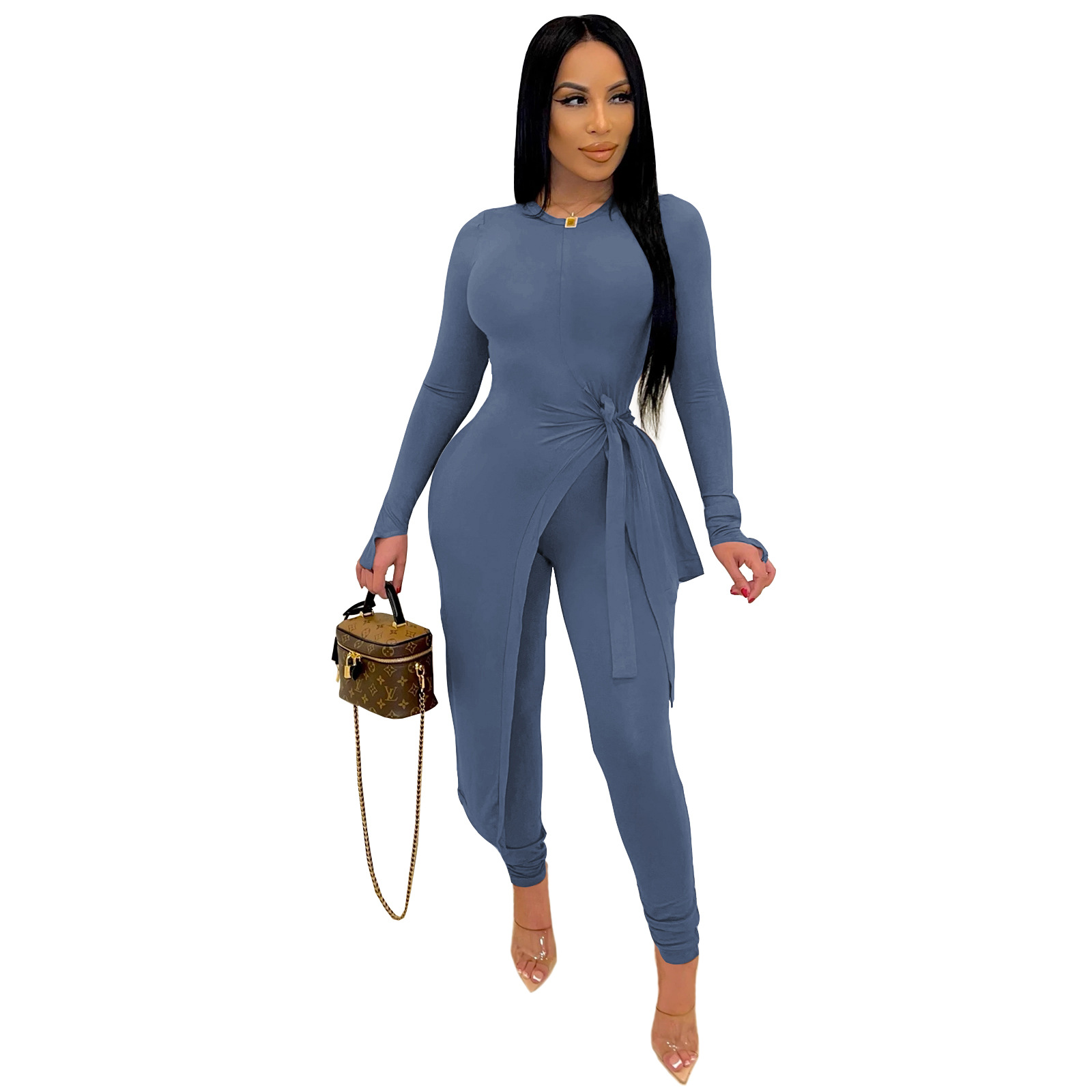 Solid Color Long-Sleeved Irregular Top Trousers Top NSSZC111539