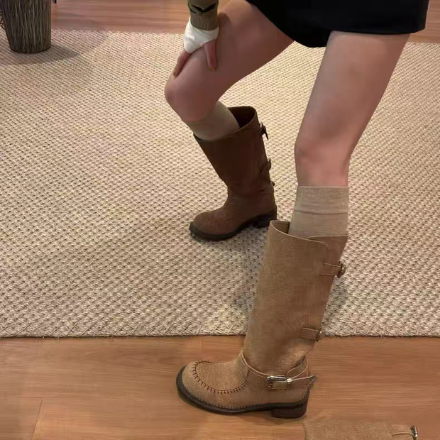 美拉德风复古堆堆靴西部牛仔靴高筒骑士靴女不过膝靴子高跟长筒靴|undefined