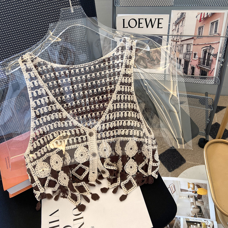 Ethnic style color matching lace V-neck hollow vest camisole women's stacked loose tassel vest cardigan outer wear