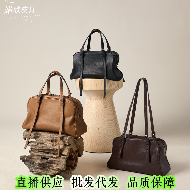 Qiu Zhen's New Vegetable-Tanned Sheepskin Bowling Bag, Retro Casual Large-Capacity Commuter Genuine Leather Shoulder Crossbody Bag