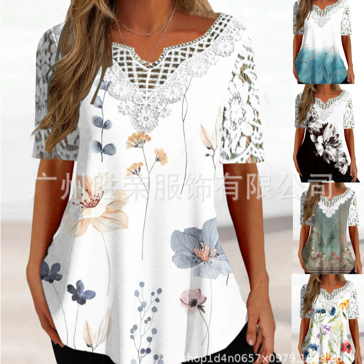 2025 New Cross-Border Export European and American Clothing Amazon Best-Selling Summer V Neck Splicing Cut Out Lace Flower Sleeve T-Shirt