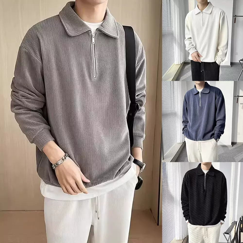 POLO衫翻领卫衣男半拉链灯芯绒秋冬外穿英伦商务T恤外贸跨境批发