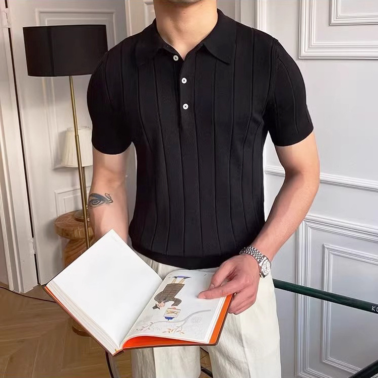 Verano nuevo suéter de punto de seda de hielo de manga corta camisa POLO para hombres Camiseta de negocios delgada simple comercio exterior al por mayor transfronterizo