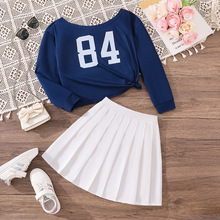 女大童套装2025秋季新款宽松美式辣妹斜肩长袖T休闲百褶裙两件套