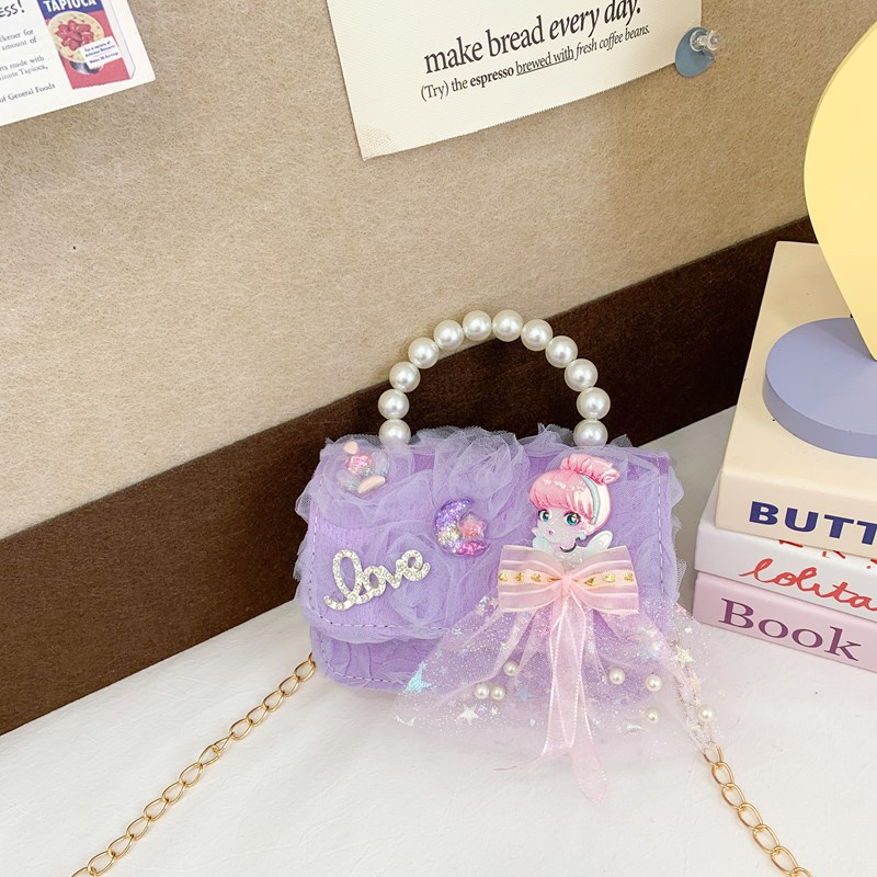 Nuevo bolso para niños, bolso de perla de princesa de dibujos animados, lazo lindo, bandolera para niñas, monedero
