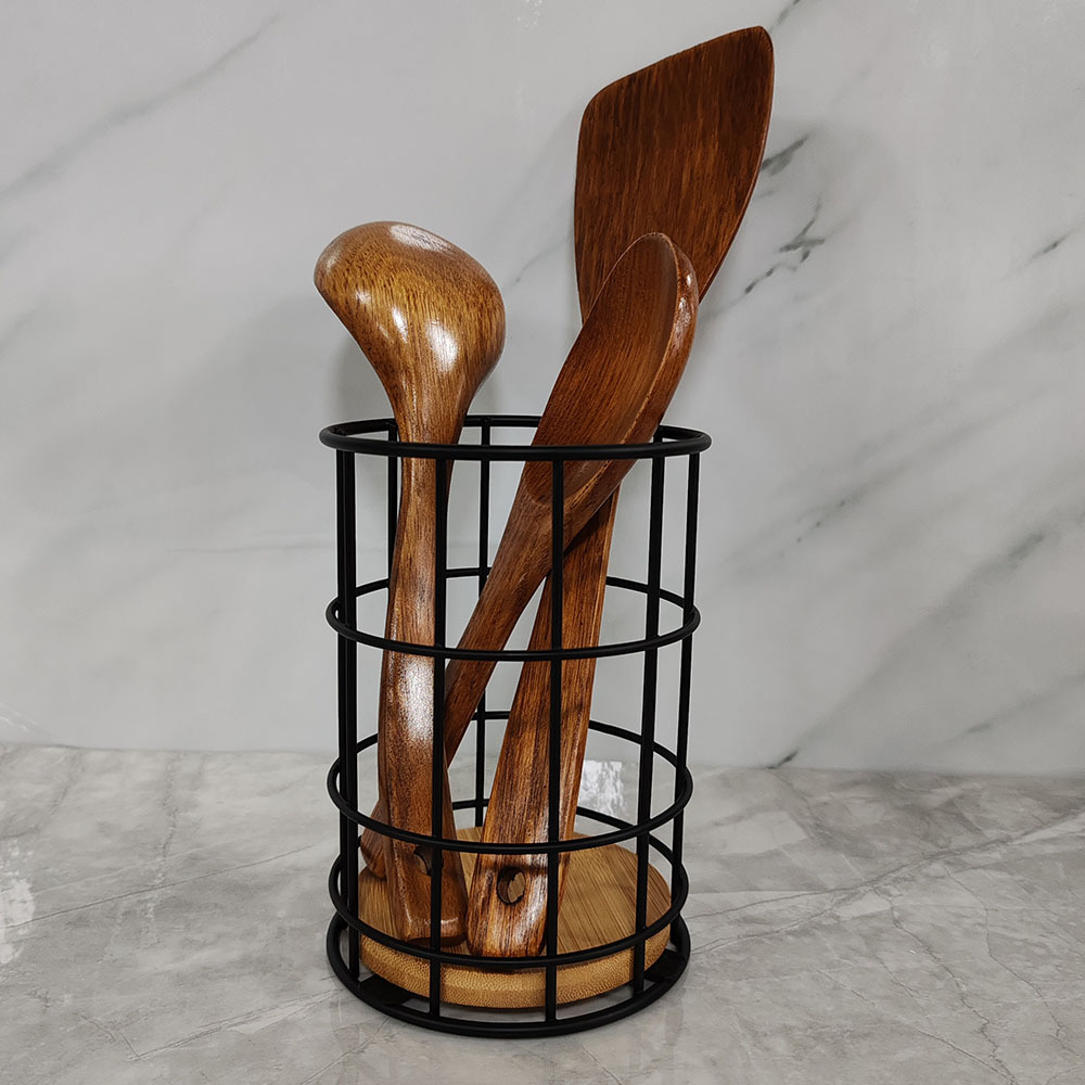 Nórdico simple cuchillo y tenedor de cocina doméstica palillos almacenamiento drenaje de madera maciza hierro forjado drenaje de agua antifusco tubo de almacenamiento