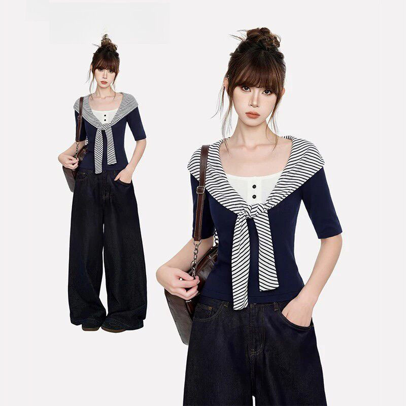 Navy Blue Striped Shawl-Style Fake Two-Piece Square-Neck Half-Sleeve T-Shirt for Women, Summer Slim-Fit Waist-Cinching Mid-Sleeve Top