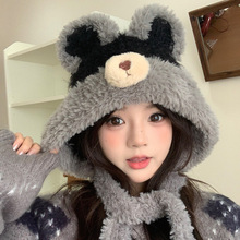 日系卡通小熊雷锋帽子女冬季保暖护耳防寒帽大头围毛绒绑带针织帽