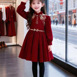 女童礼服公主裙2026秋冬新款儿童国潮红色加绒连衣裙新年拜年服潮