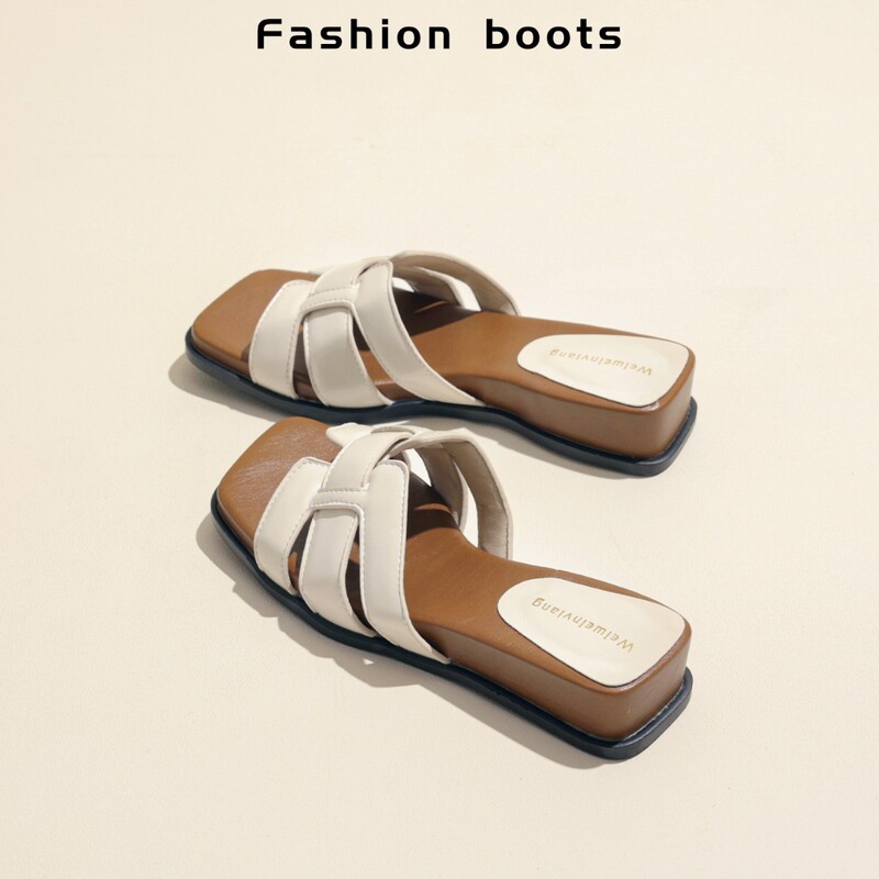 Sheepskin Version ~ Genuine Leather Wedge-Heeled Thick-Soled Slippers for Women to Wear in Summer Without Tiring Feet, Square-Toe Slippers, Large-Size Women's Shoes