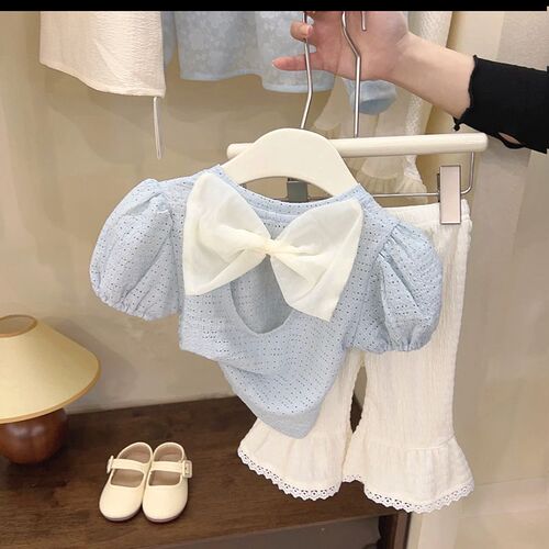 Girls' Short Sleeve T-Shirt  New Children's Summer Fashionable Bowknot Backless Underwear Fashion Bell Bottom Pants 