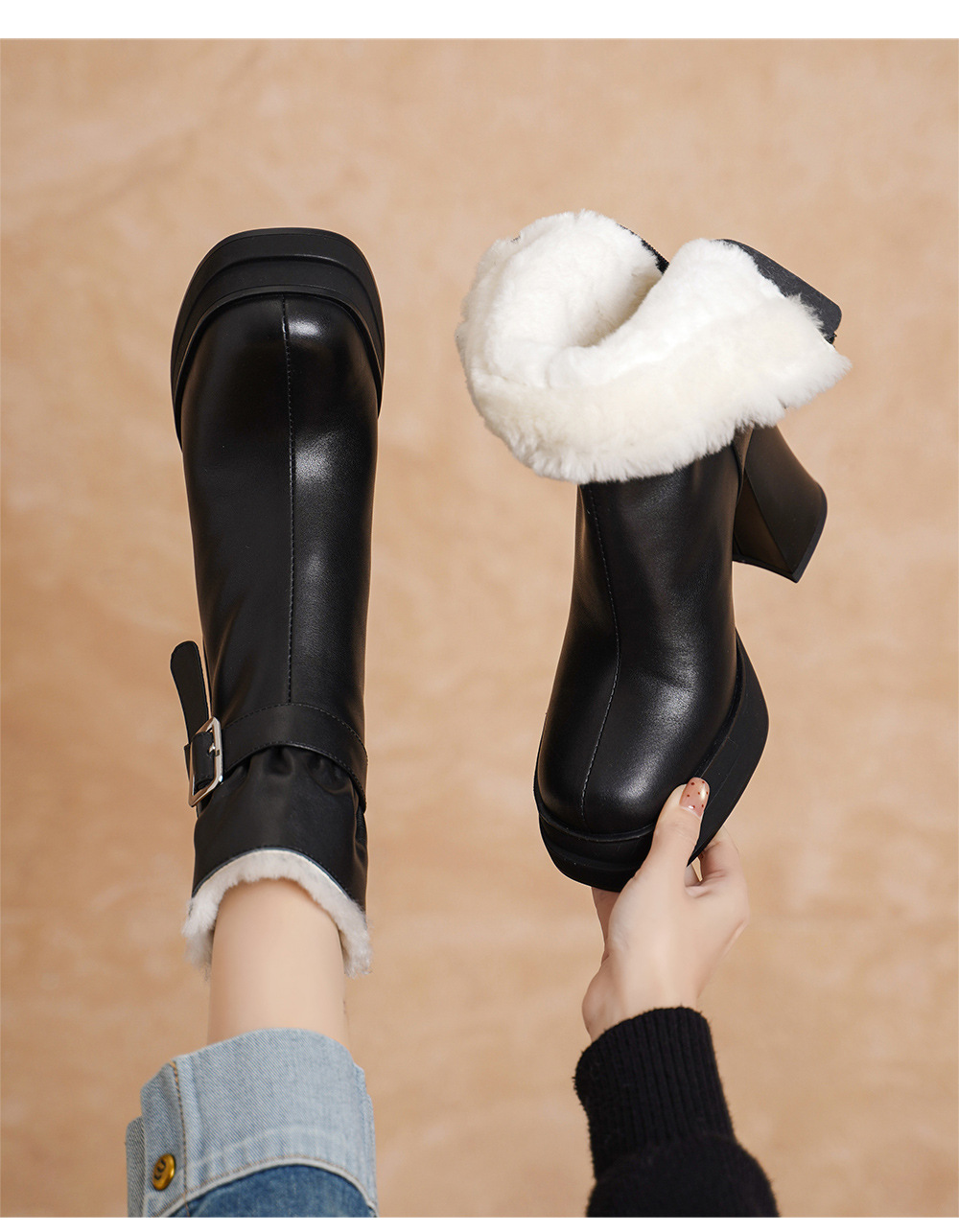 Boot nữ cổ thấp mũi vuông siêu cao gót da bò lót lông cừu ấm áp — màu đen chi tiết 6