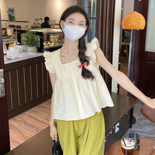 2025 French ruffled flutter sleeves shirt women's summer design sense niche square neck vest small size top summer 