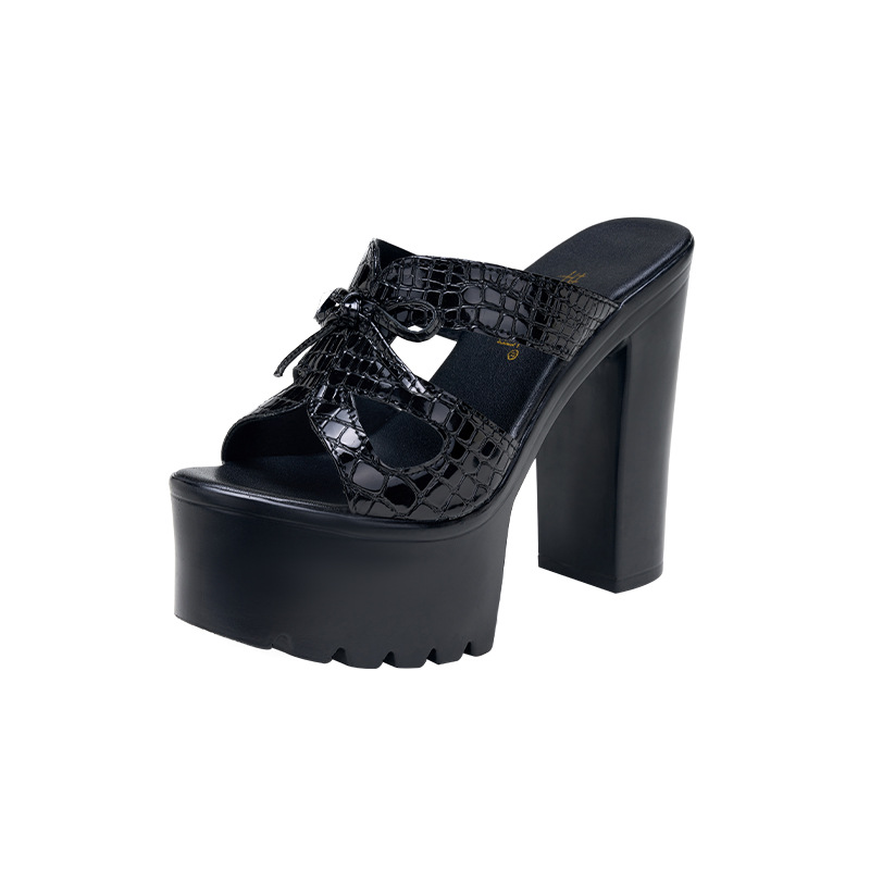Dép sandal nữ đế xuồng cao 14 cm, mũi hở, quai ngang, platform dày, mùa hè 2025 — Màu đen, Màu trắng