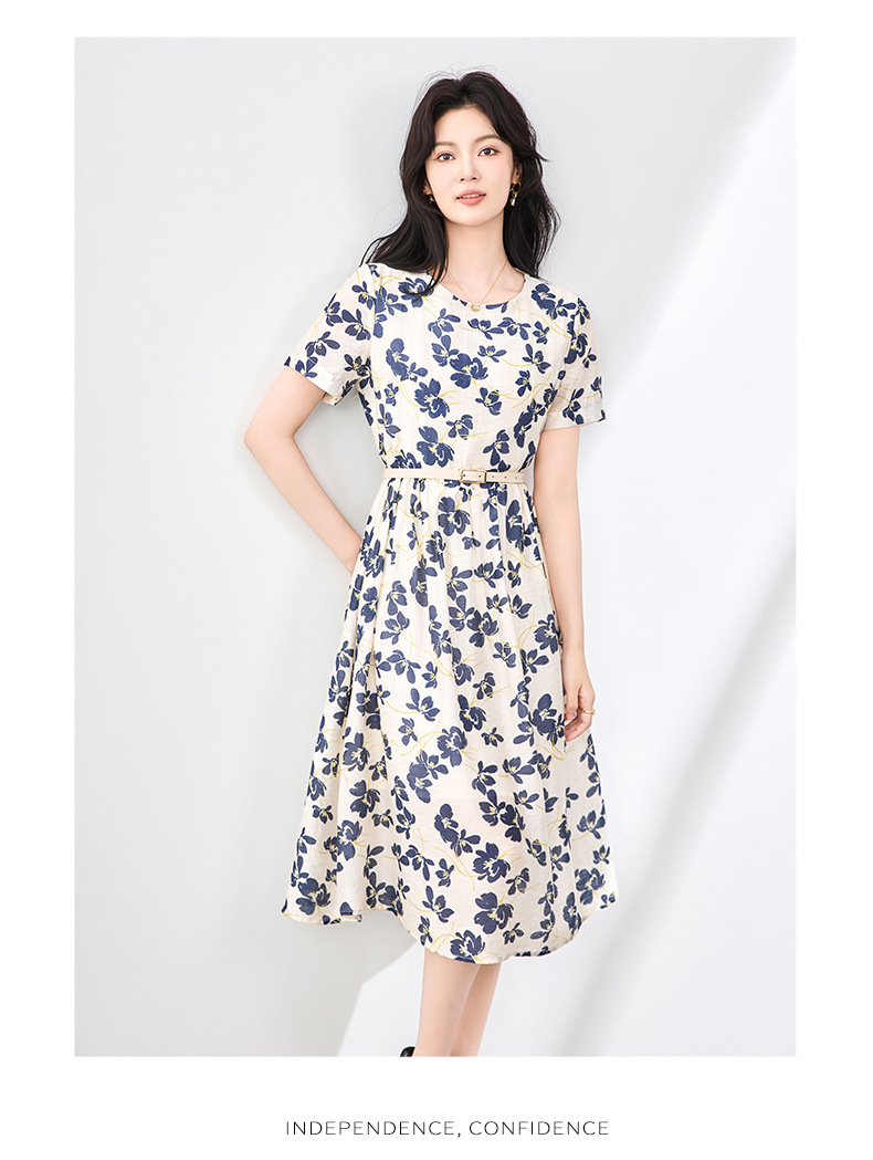 Váy maxi nữ tay ngắn thắt lưng chất liệu Tencel linen in họa tiết — Màu đen chi tiết 12