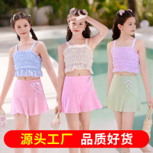 2025新款女童中大童泳装褶皱系带分体裙式泳衣温泉度假少女批发