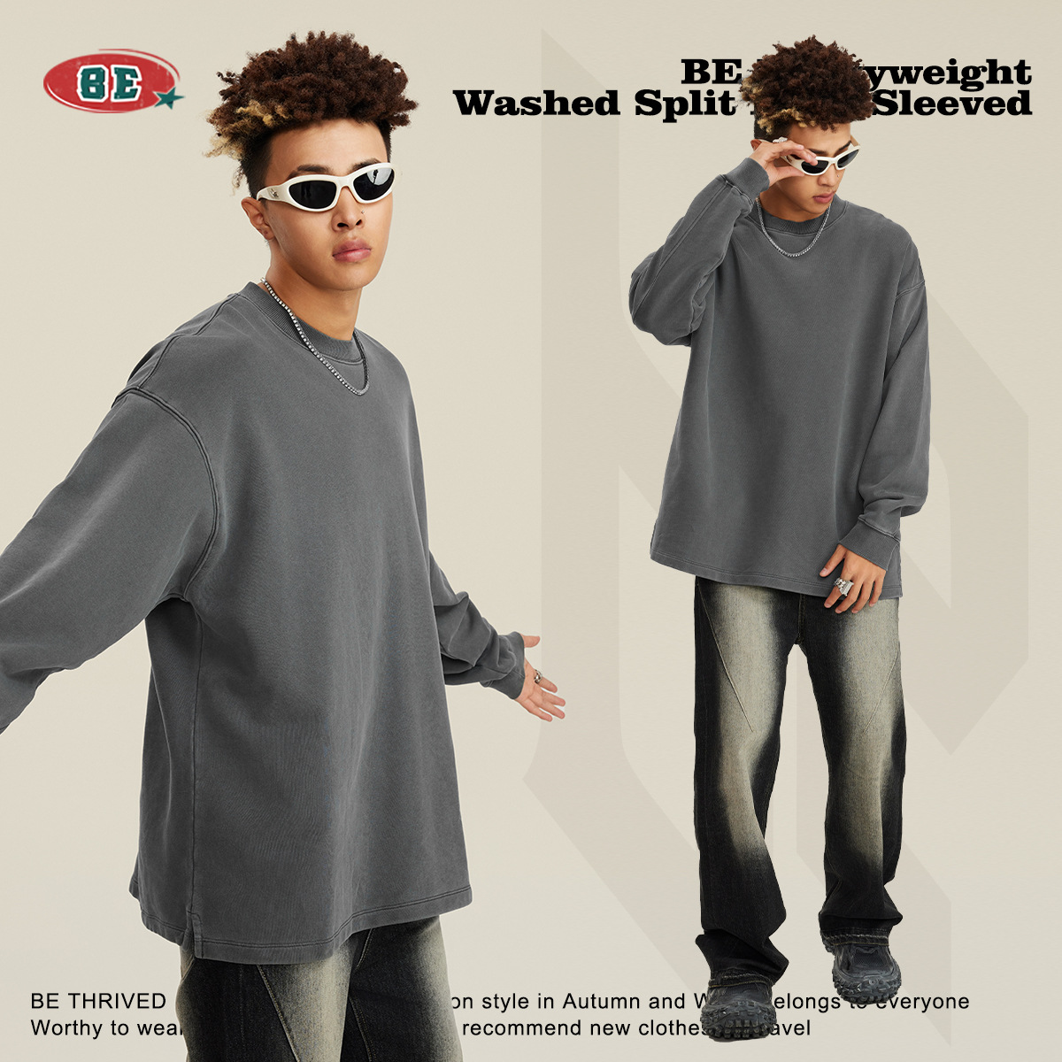 Ropa para Hombre BE | Camiseta de Manga Larga Extra Grande de 460G Lavada, Estilo Retro Americano, Holgada y con Abertura Lateral para Hombre, Otoño/Invierno 2025