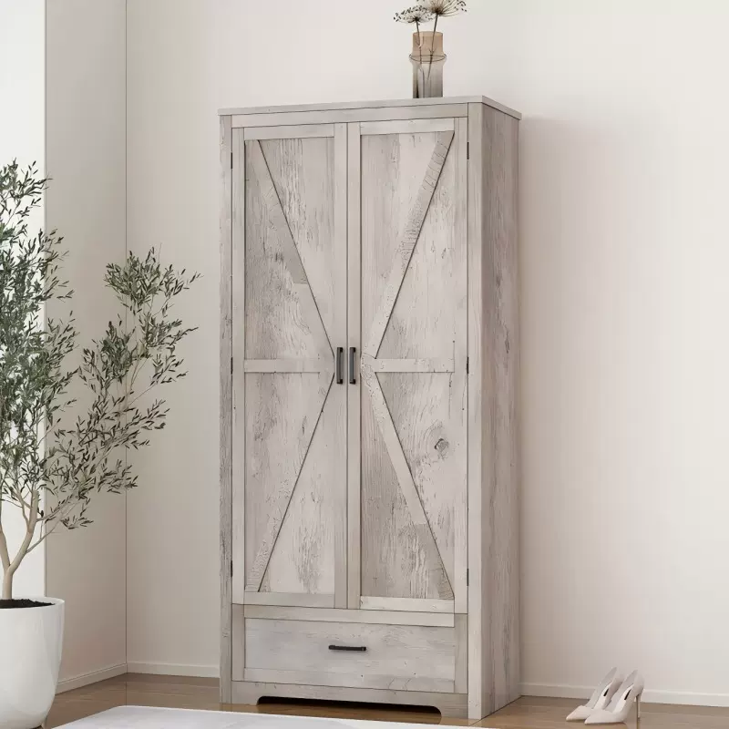 跨境热销 美式衣柜简约小户型复古色双门双抽大空间木制衣柜