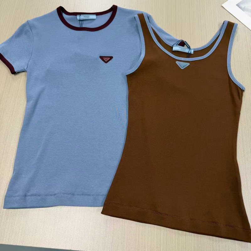 High-End Version 26 Summer New Style P Brand Triangle Logo Color-Blocking Slim-Fit Round Neck Regular Shoulder Pure Cotton T-Shirt Simple and Elegant Short Sleeve High-End Version 26 Summer New Style P Brand Triangle Logo Color-Blocking Slim-Fit Round Neck Regular Shoulder Pure Cotton T-Shirt Simple and Elegant Short Sleeve