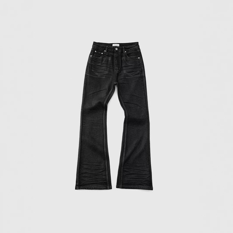 American-style trendy brand men's jeans with 3D black-coated waxed pleats, micro-elasticity, slim fit, and medium-high waist
